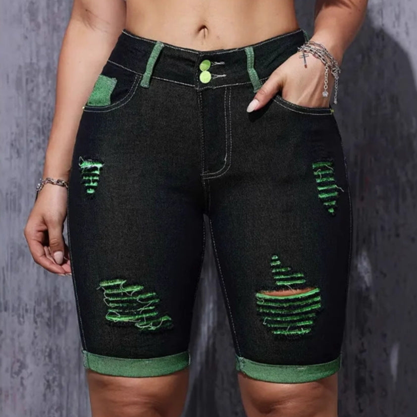 Shorts en denim déchirés pour femmes avec taille haute et accents néon Levoire
