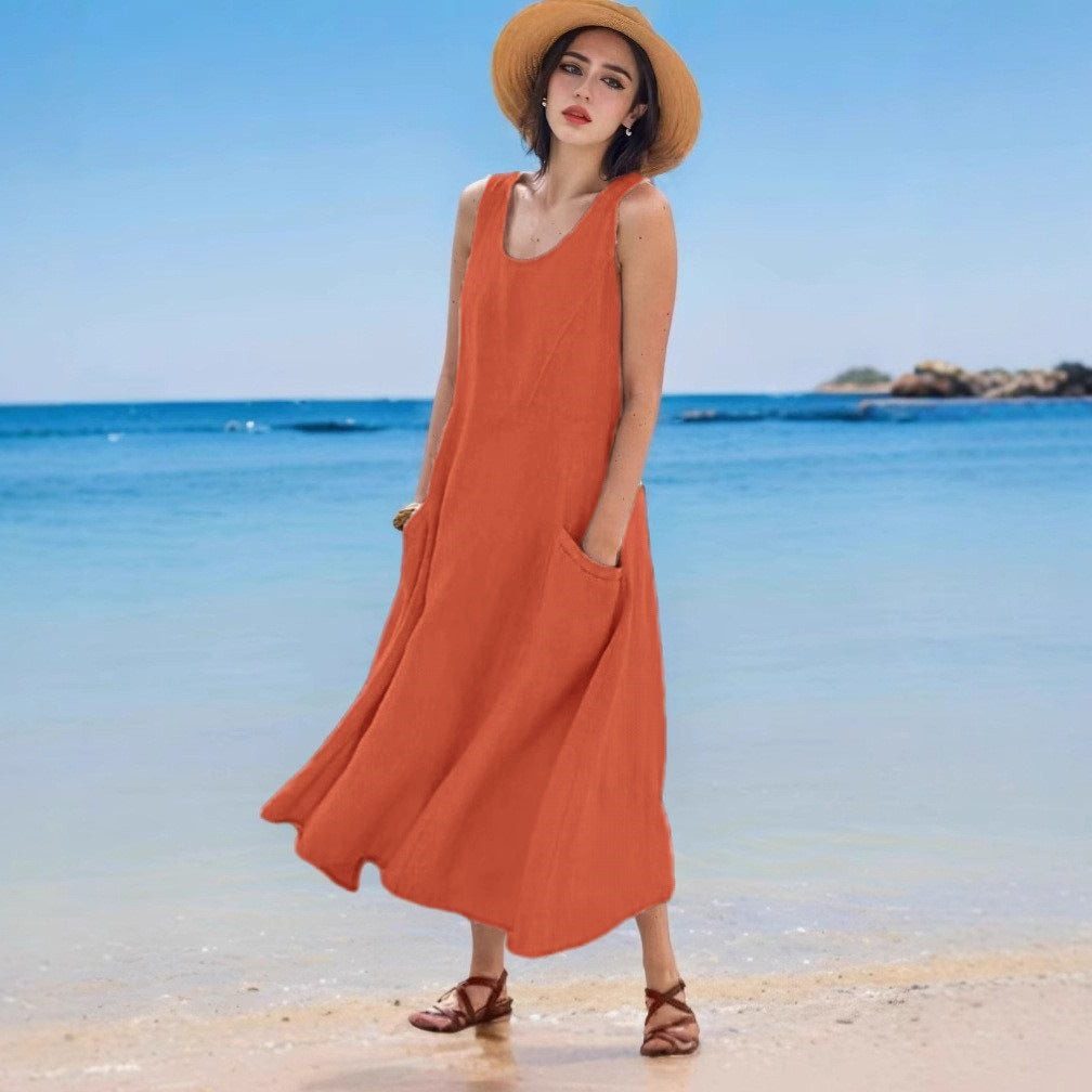 Levoire | Robe en lin Sac d'été Sans manches Col rond Robe Mandarine