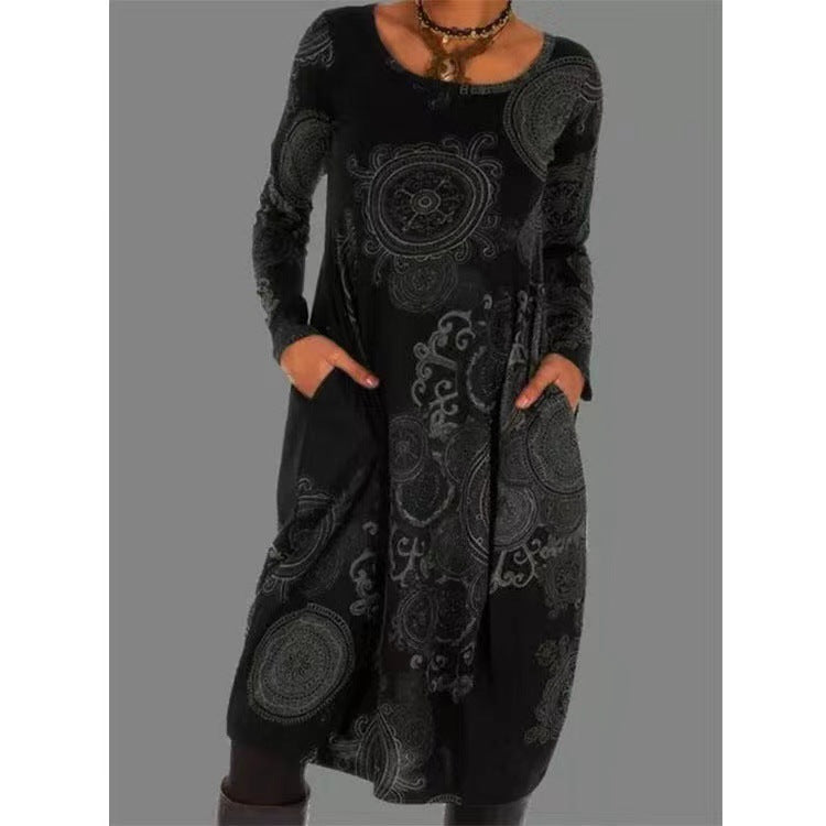 Levoire | Robe élégante à manches longues avec imprimé ethnique Noir