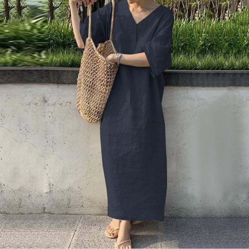 Levoire | Robe en lin en coton à encolure en V Bleu marine