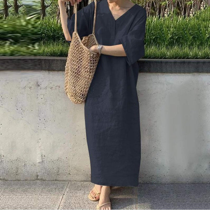 Levoire | Robe en lin en coton à encolure en V Bleu marine