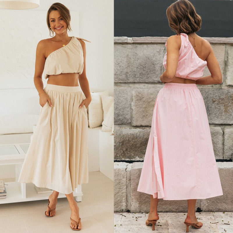 Ensemble femme deux pièces avec haut asymétrique et jupe fluide Levoire
