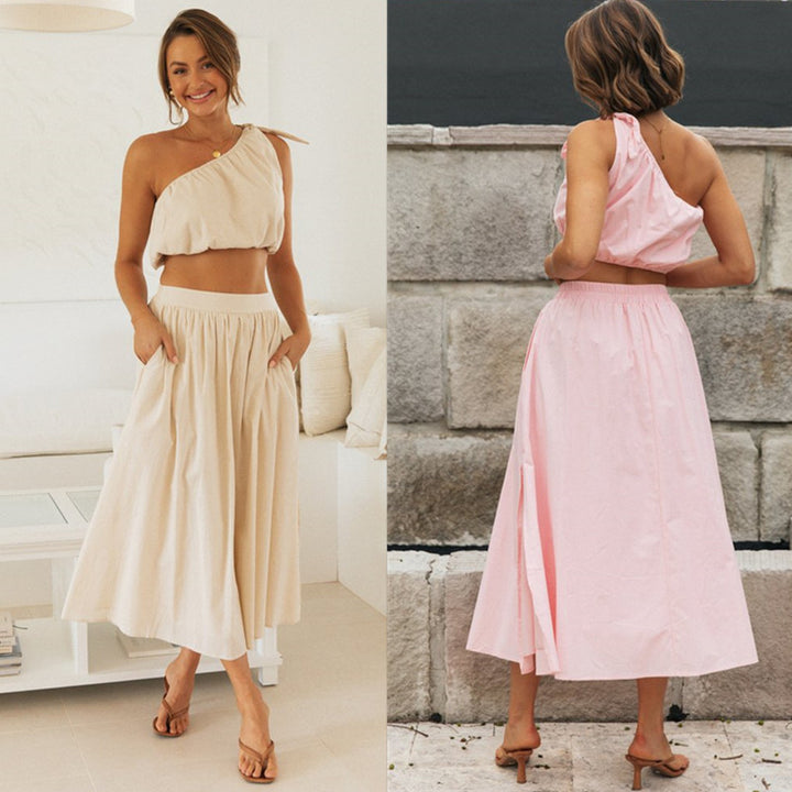 Ensemble femme deux pièces avec haut asymétrique et jupe fluide Levoire
