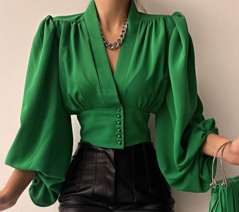 Levoire | Haut à manches bouffantes à décolletage en V romantique Vert