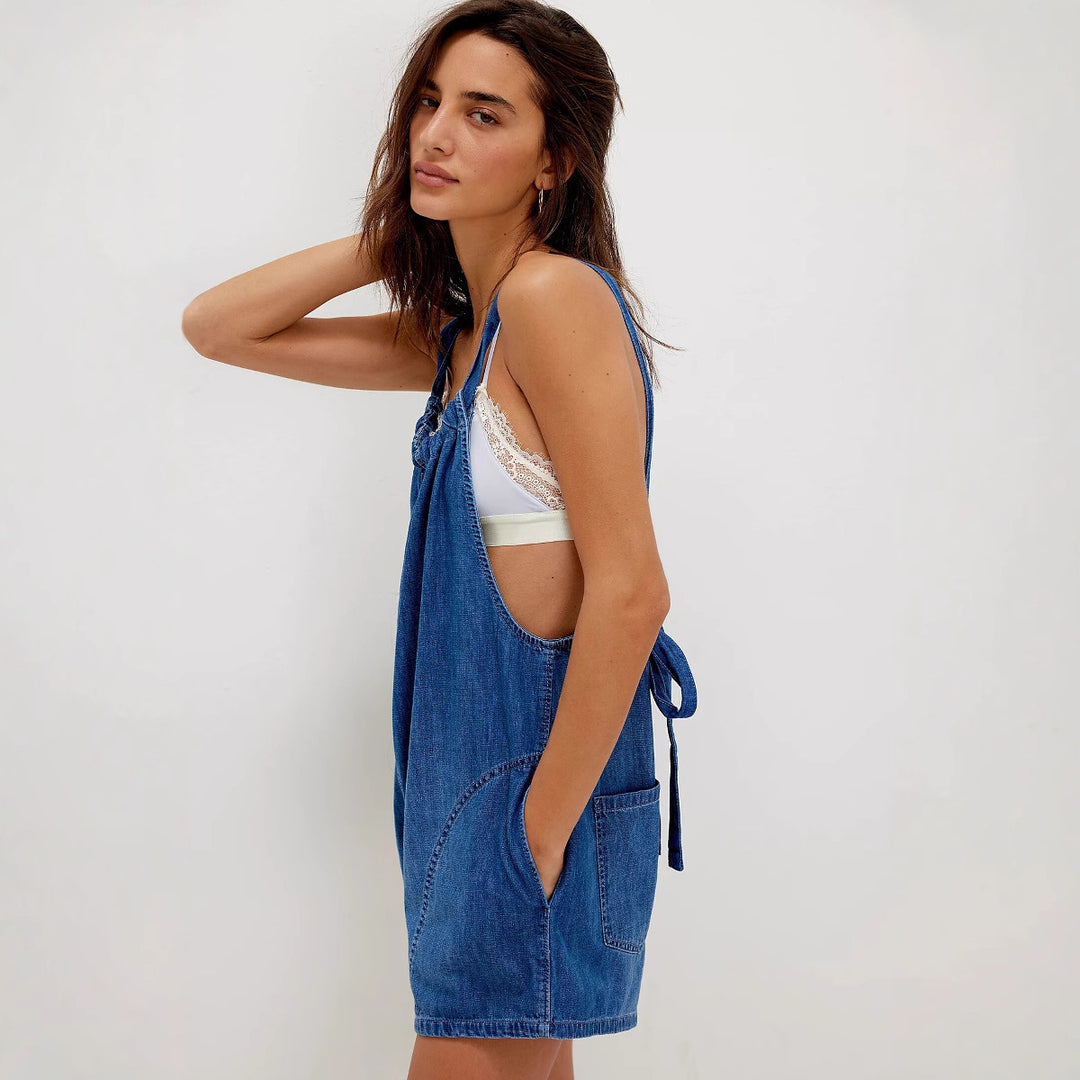 Salopette en denim pour femmes avec encolure froncée et poches latérales Levoire