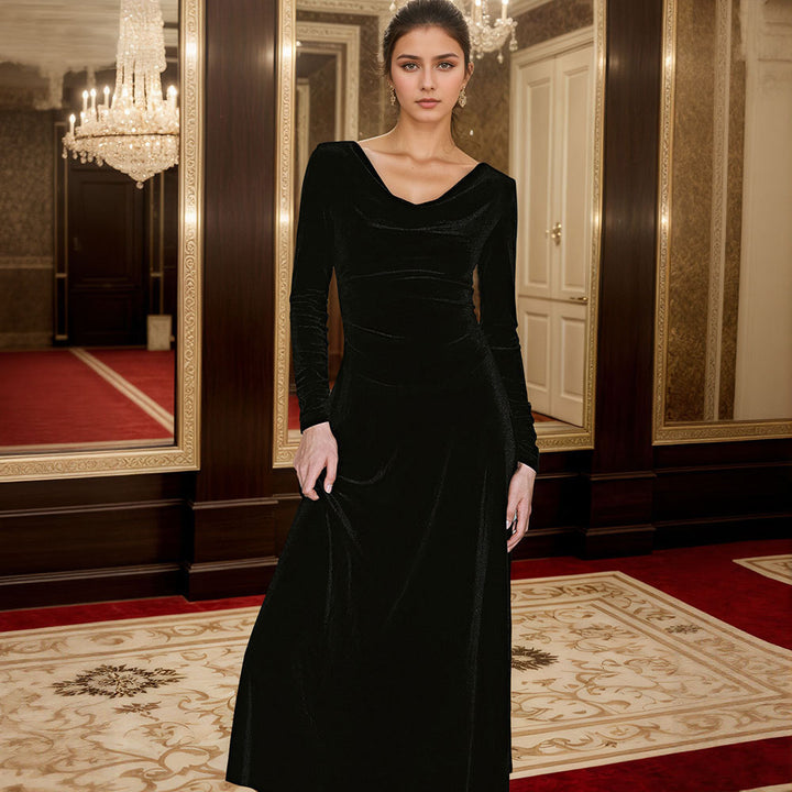 Robe maxi élégante pour femme avec encolure drapée flatteuse et manches longues Levoire