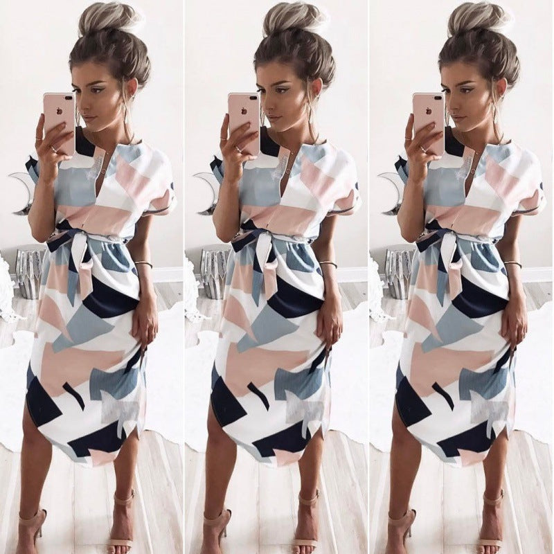 Robe midi femme avec motif géométrique moderne et nœud ajusté Levoire