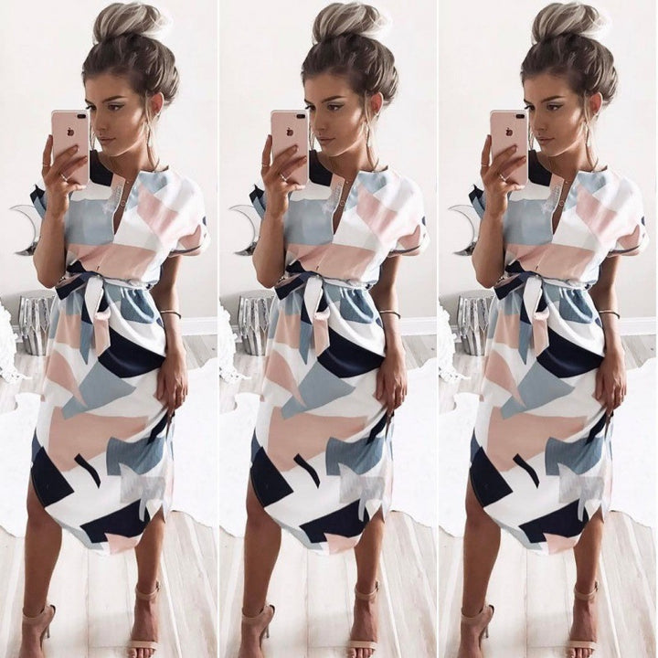Robe midi femme avec motif géométrique moderne et nœud ajusté Levoire