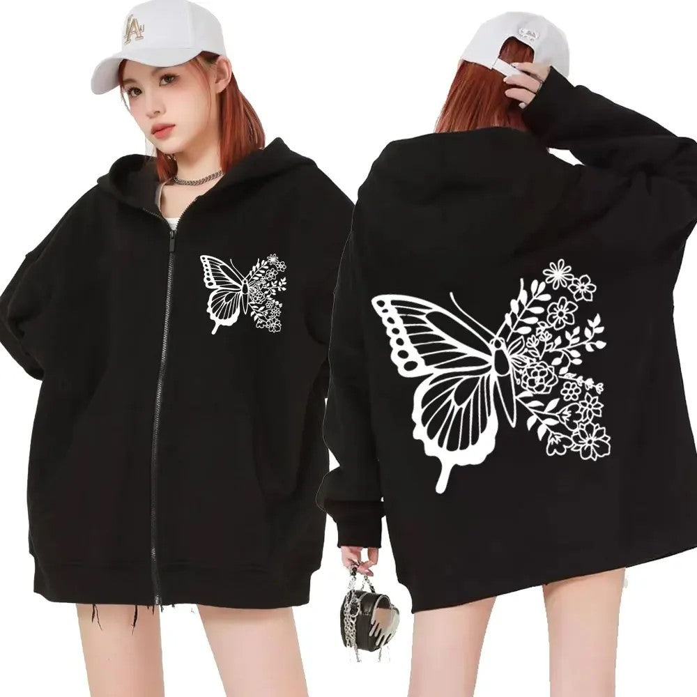 Haut à capuche pour femmes avec motif de papillon floral et poche kangourou pratique Levoire