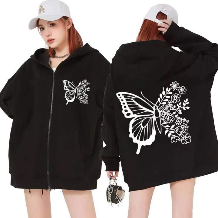 Haut à capuche pour femmes avec motif de papillon floral et poche kangourou pratique Levoire