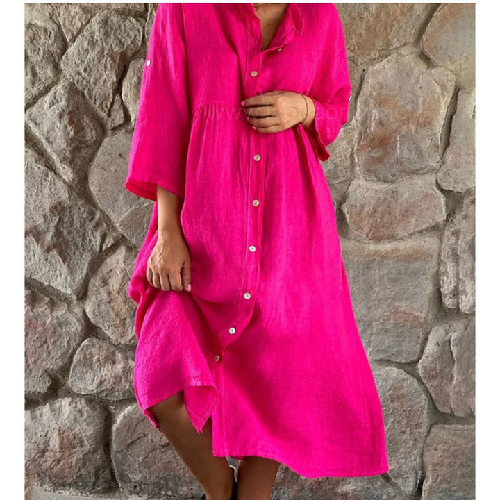 Levoire | Élégant Uni Col montant à manches longues Robe Magenta