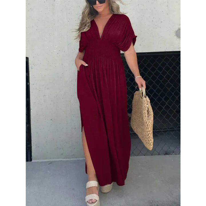 Levoire | Batwing Dress Bat Sleeve Jupe Élastique à Taille Rouge vin