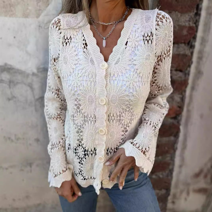 Veste au crochet pour femmes avec motifs floraux et fermeture à boutons Levoire