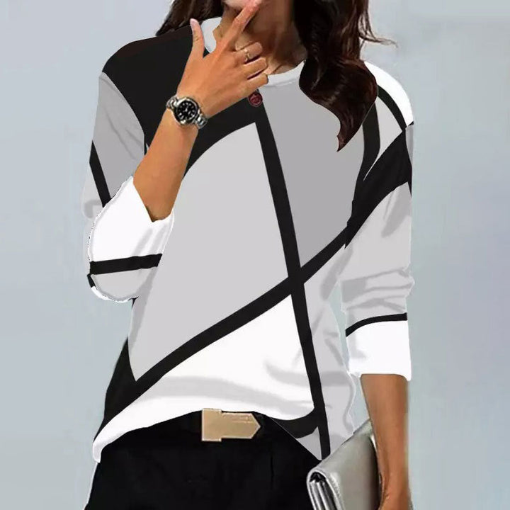 Levoire | Trendik Vintage Imprimé Géométrique Col Rond Chemise à Manches Longues 2#Gris