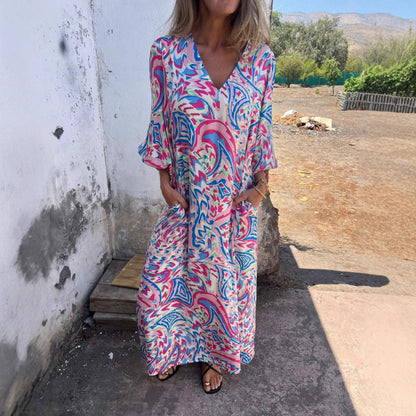 Levoire | Élégant Combinaison Imprimée Décontractée V Col Robe Longue