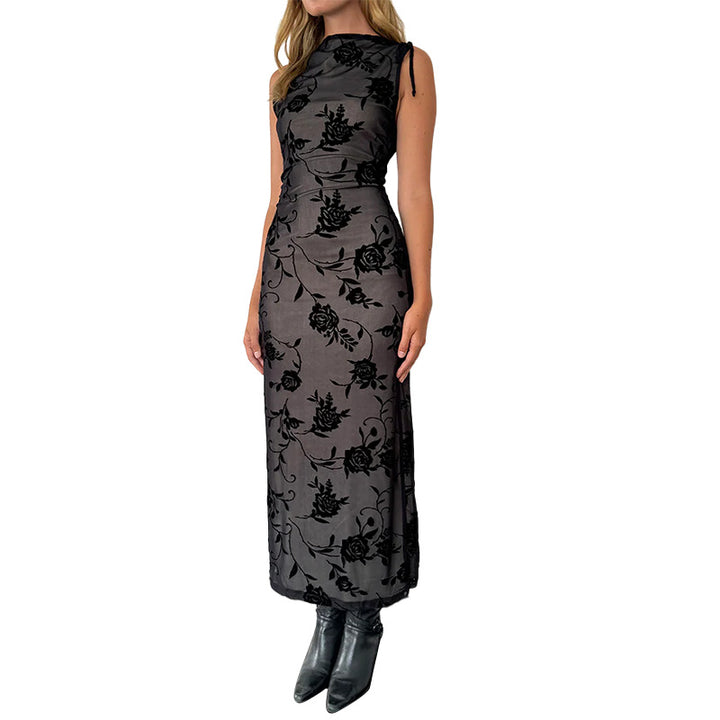 Robe Maxi Élégante pour Femmes avec Motif en Dentelle Florale et Design Sans Manches Levoire