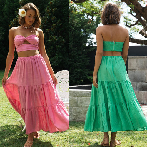 Ensemble Femme Deux Pièces composé d'un Top Court et d'une Jupe Maxi avec Silhouette Aérée Levoire