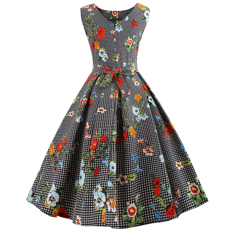 Robe A-Line Rétro pour Femme avec Accents Floraux et Design À Carreaux Classiques Levoire