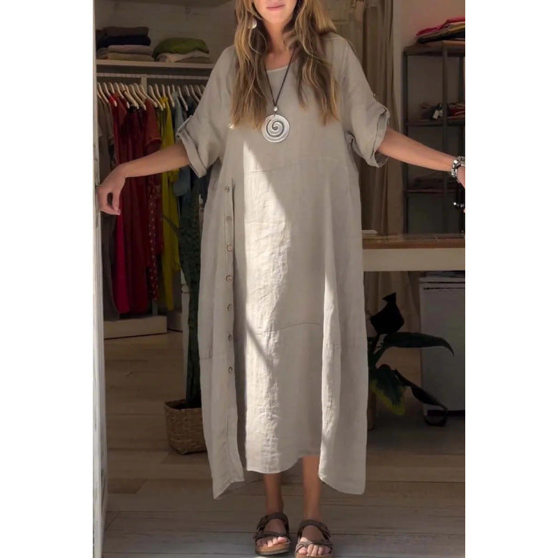 Levoire | Robe en coton-lin à manches courtes unie relaxante et ample grand-mère gris