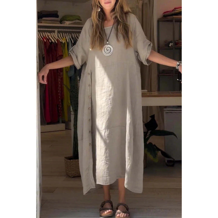 Levoire | Robe en coton-lin à manches courtes unie relaxante et ample grand-mère gris
