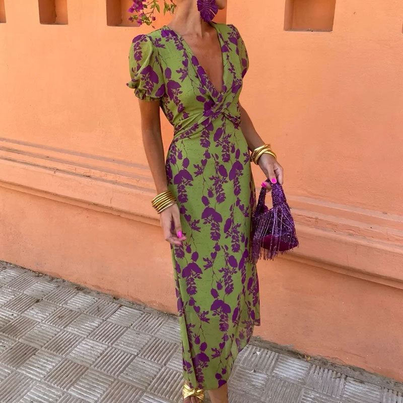 Robe maxi pour femmes avec décolleté en V profond et motif diamant artistique Levoire