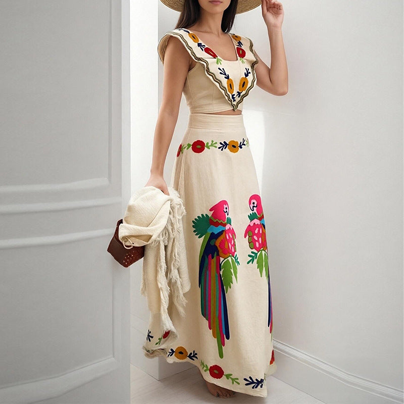 Robe Maxi Élégante pour Femmes avec Broderie Artistique et Manches Volantes Levoire