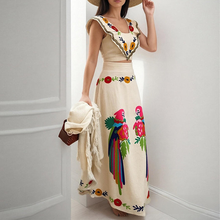 Robe Maxi Élégante pour Femmes avec Broderie Artistique et Manches Volantes Levoire