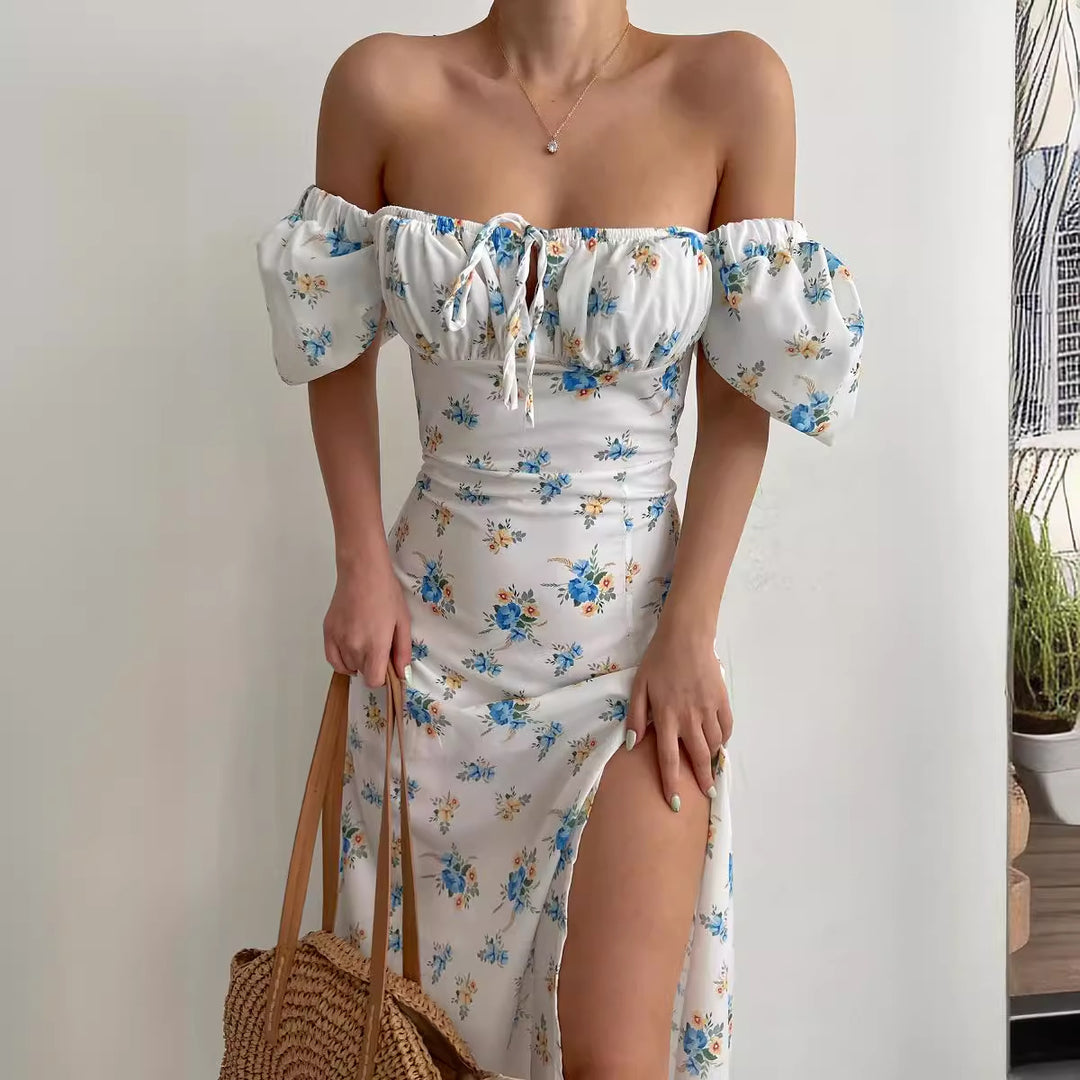 Robe maxi à motif floral pour femmes avec manches bouffantes et fente haute Levoire