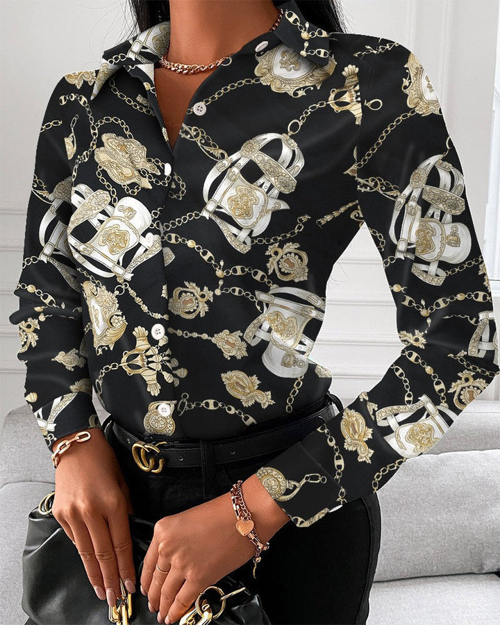 Levoire | Élégante chemise à manches longues imprimée printemps-automne fleur noire