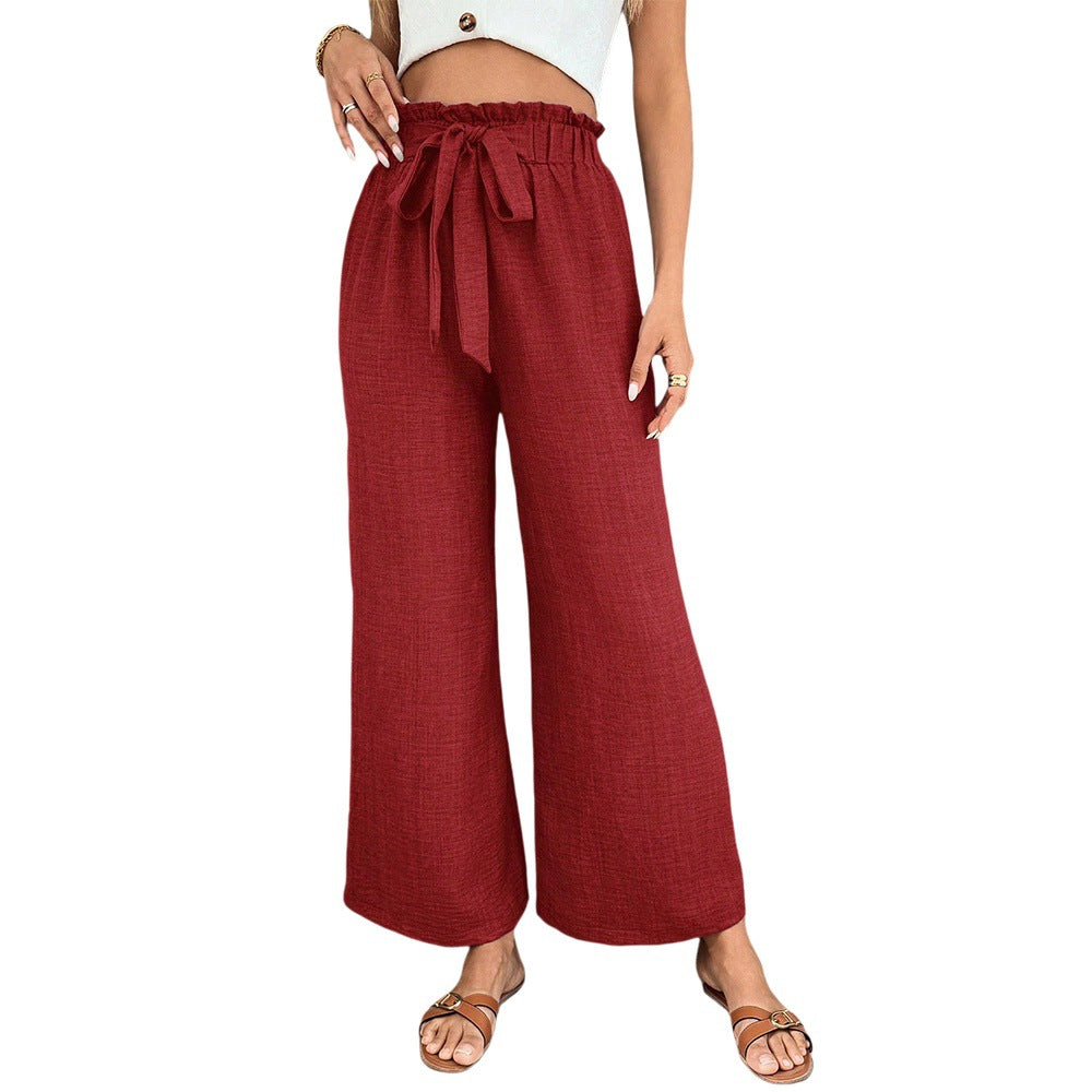 Pantalons en tissu large décontractés pour femmes avec taille élastique et ceinture à nouer Levoire