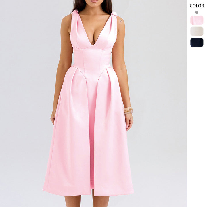 Robe Midi Élégante pour Femmes avec Décolleté en V Rêveur et Pliages Élégants Levoire