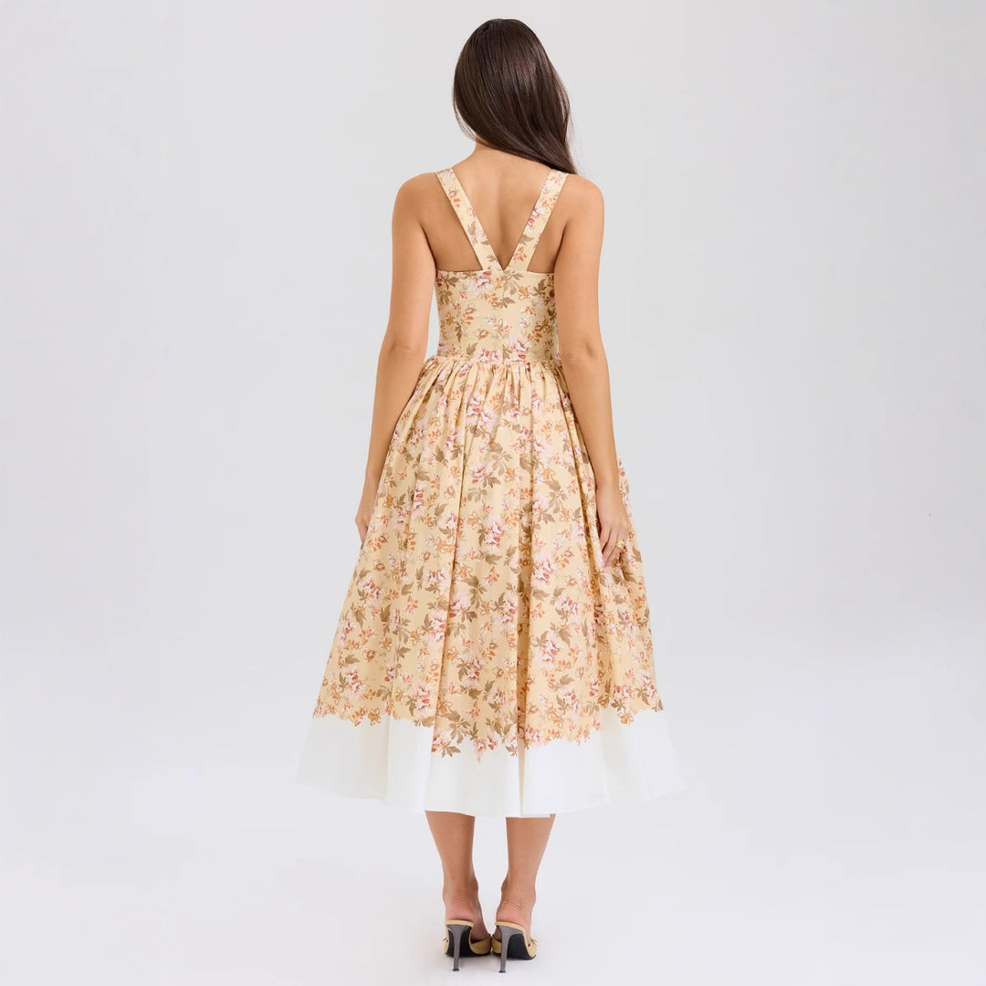 Robe Midi Femme avec Motif Floral Élégant et Fines Bretelles Levoire