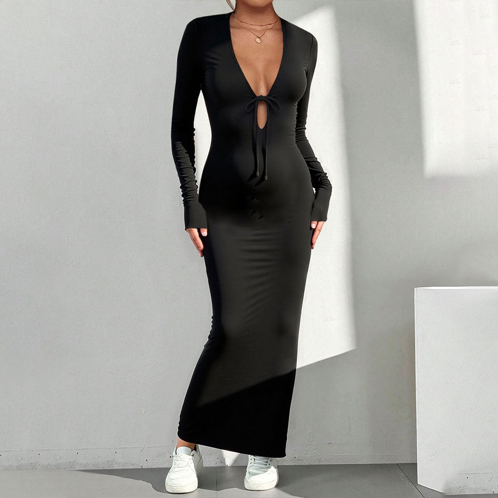 Robe maxi pour femmes avec décolleté en V profond et fermeture à nœud stylée Levoire