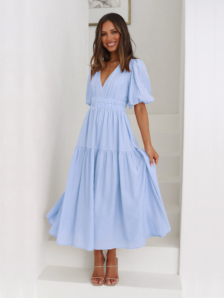 Robe maxi pour femmes avec décolleté en V profond et manches bouffantes volumineuses Levoire