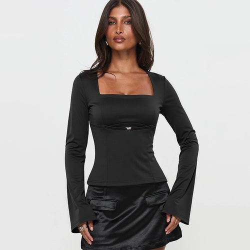 T-shirt à manches longues pour femmes avec décolleté rectangulaire et élégants détails de volants Levoire