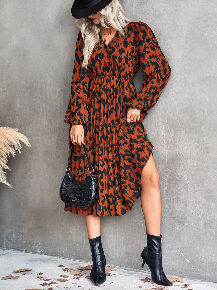 Robe Midi Femme avec Décolleté en V Élégant et Manches Volumineuses Levoire