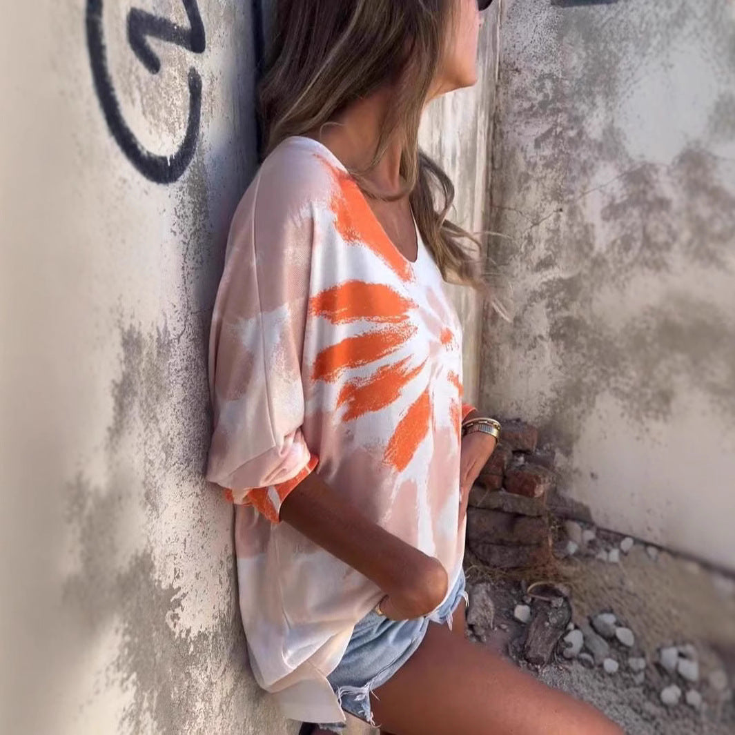 Sweatshirt décontracté pour femmes tie-dye avec col en V et épaules tombantes Levoire