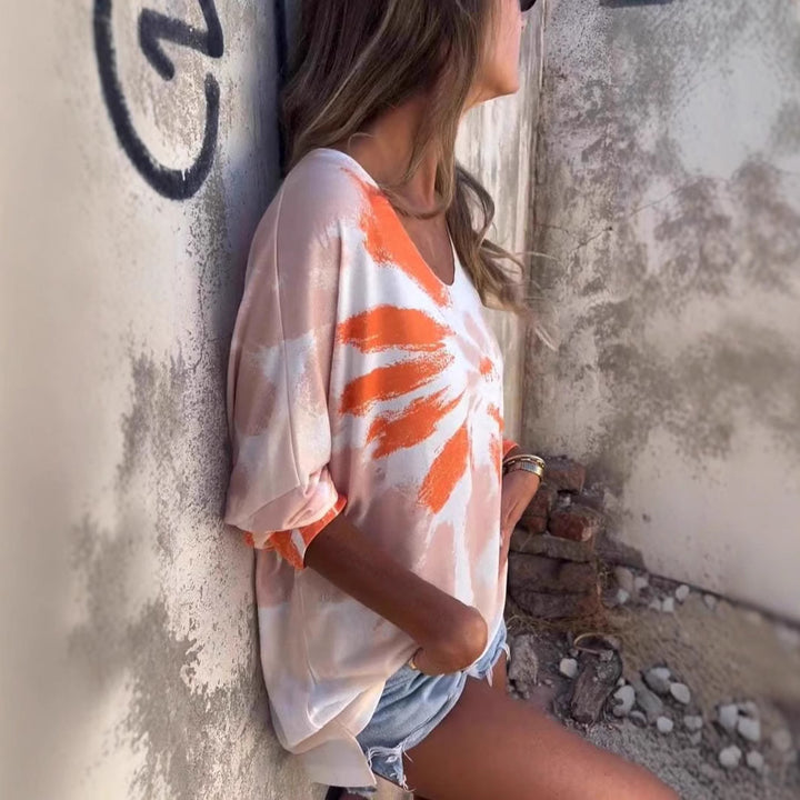 Sweatshirt décontracté pour femmes tie-dye avec col en V et épaules tombantes Levoire