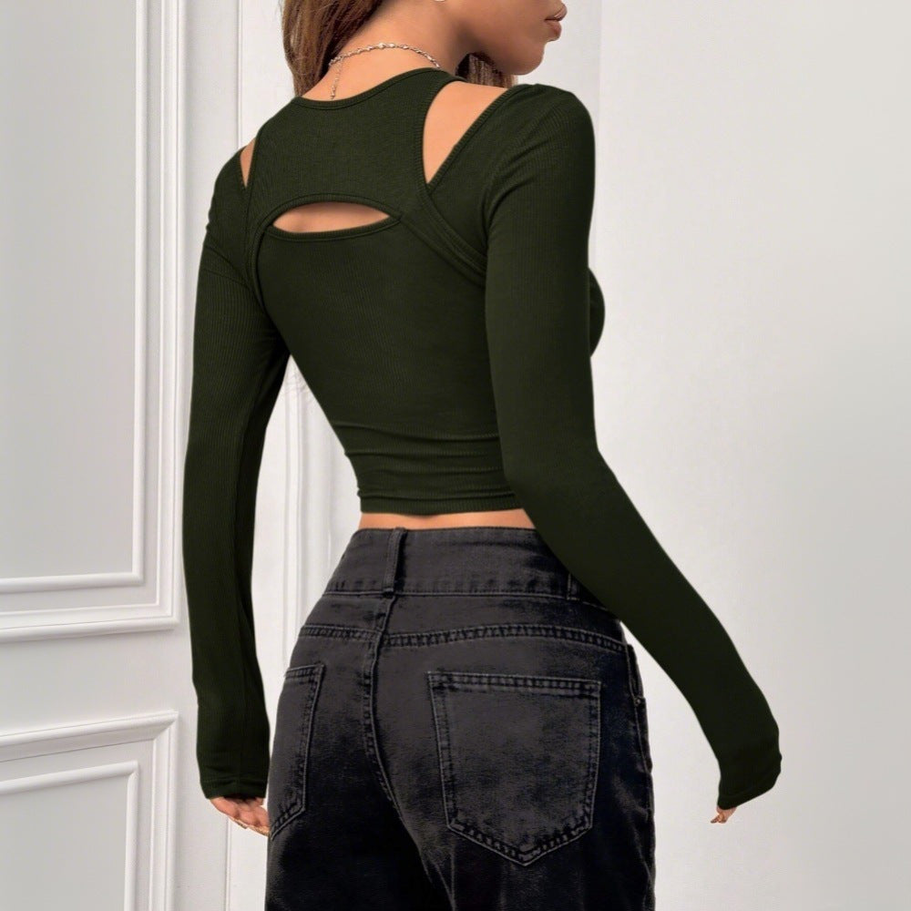 Femme crop top à manches longues flatteur pour la silhouette avec design découpé à la mode Levoire