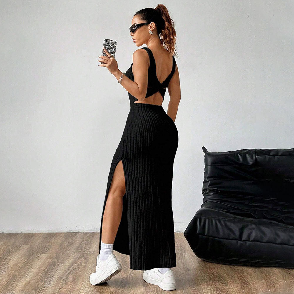 Robe maxi pour femmes avec motif à côtes élégant et fente latérale Levoire