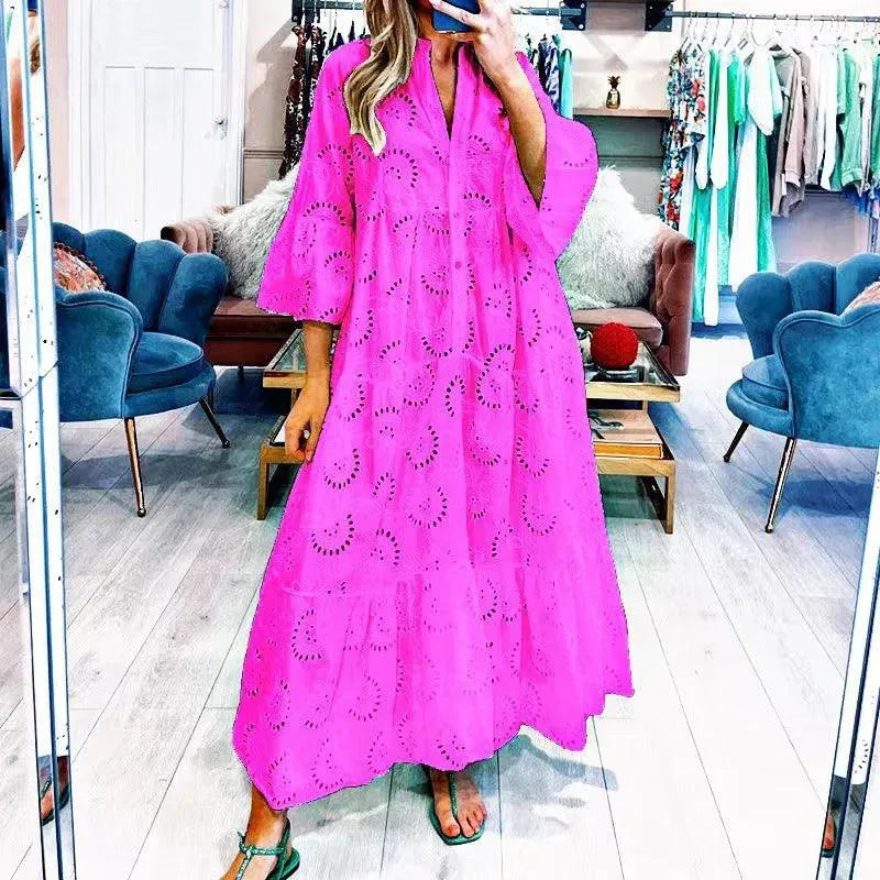 Levoire | Robe longue à décolleté en V pour femmes de style français Rose rosaire