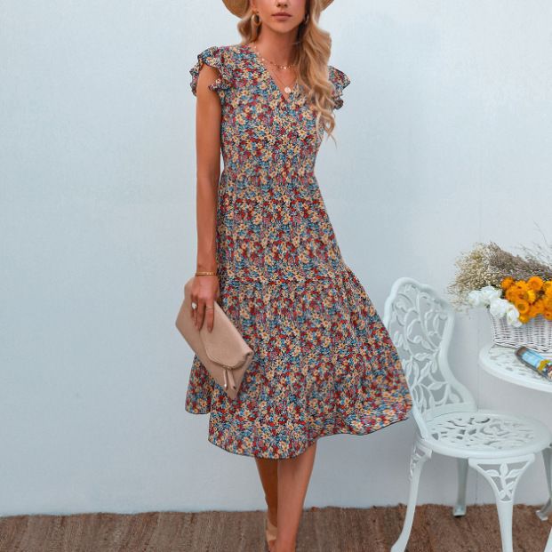 Robe évasée pour femmes avec des manches voluminées à volants et des détails floraux Levoire