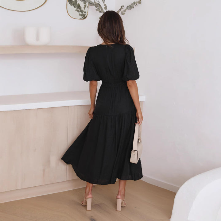 Robe maxi pour femmes avec décolleté en V profond et manches bouffantes volumineuses Levoire