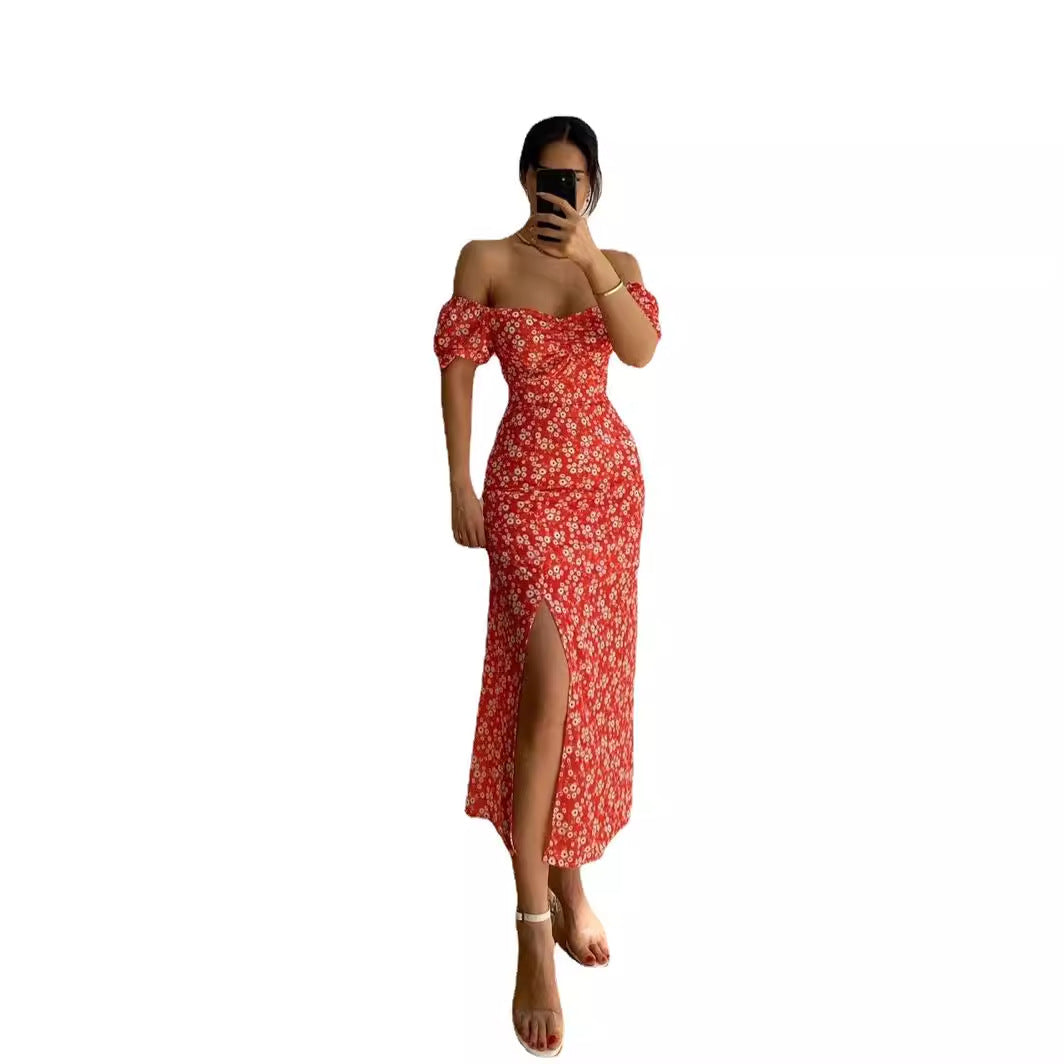 Robe maxi ajustée pour femmes avec manches bouffantes et design floral Levoire