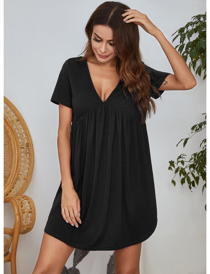 Levoire | Robe de nuit en coton Été Détente À col en V Manches courtes Noir