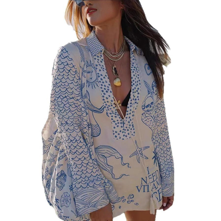 Blouse de plage pour femmes avec design maritime et broderie complexe Levoire