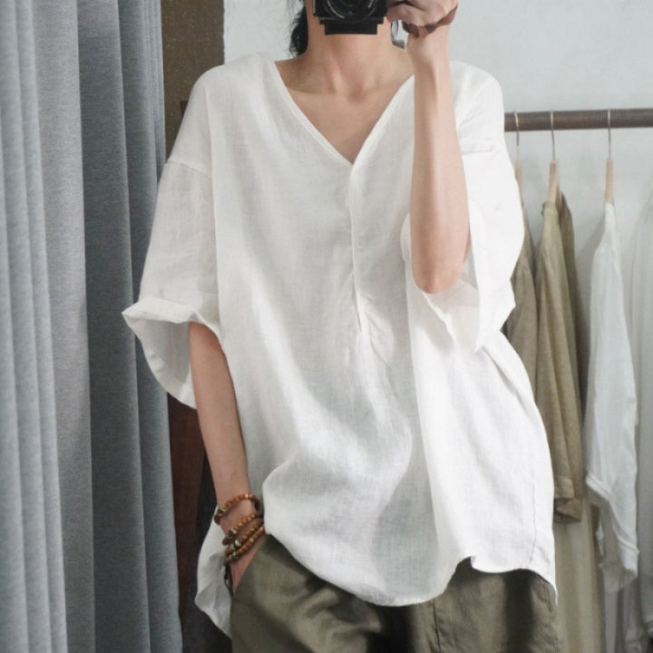 T-shirt en lin surdimensionné pour femmes avec décolleté en V et coupe décontractée Levoire