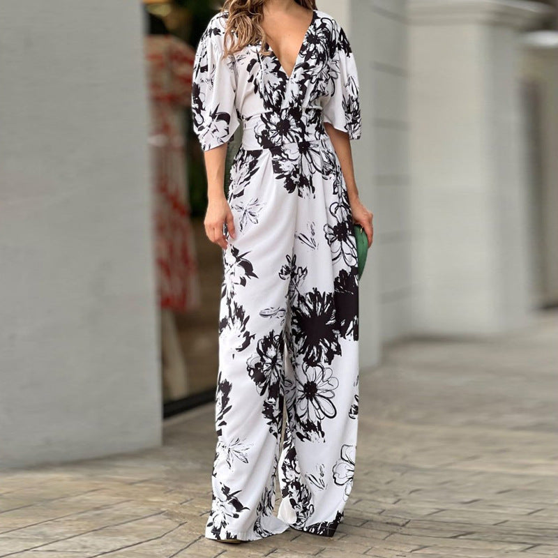 Femmes Combinaison Élégante en Design Floral avec Jambe Large Levoire