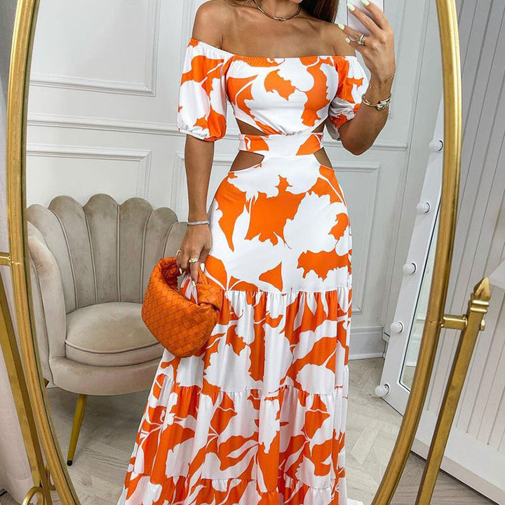 Robe maxi femme à épaules dénudées avec détails découpés et volants Levoire