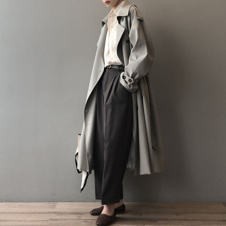 Levoire | Trench Long Décontracté Pour Femmes Avec Ceinture Plissée Gris